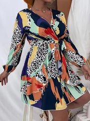  Colorblock Leopard Print Long Sleeve Mini Dress