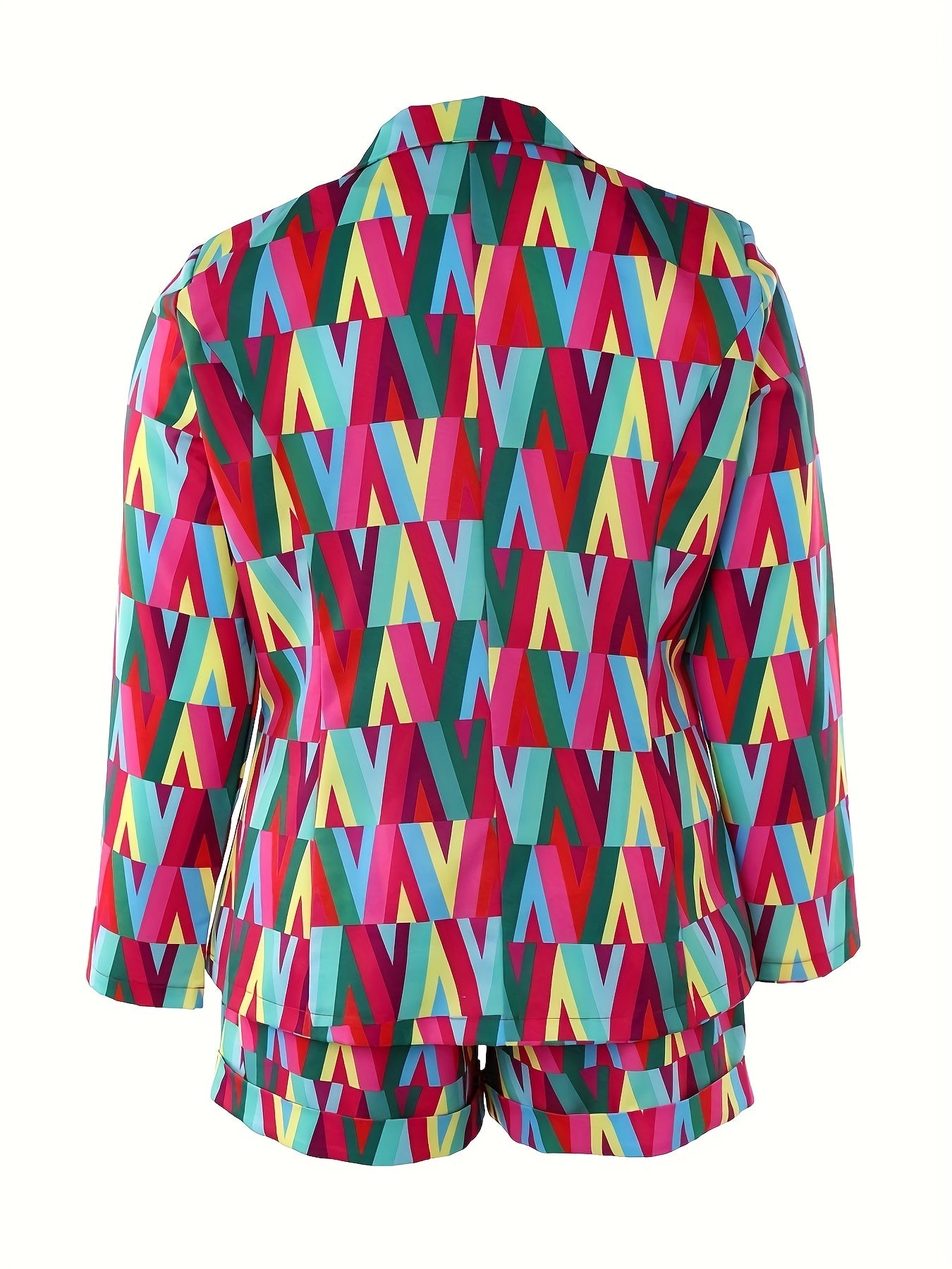  Colorblock Geometric Print Blazer & Shorts Suit Set
