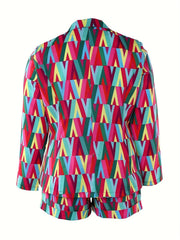  Colorblock Geometric Print Blazer & Shorts Suit Set