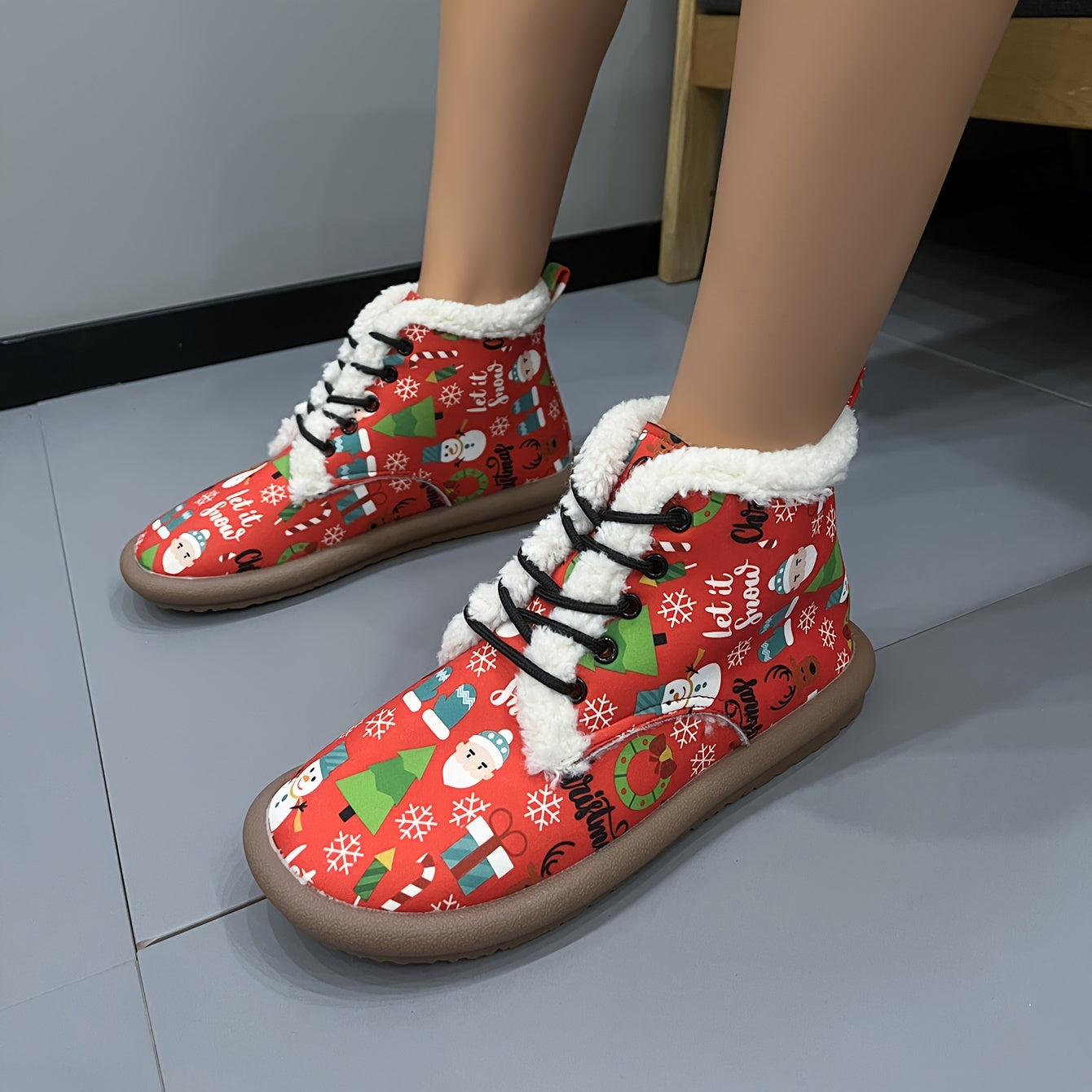 Women's Lace-Up Christmas Snow Boots Fleece-Lined Thermal Ankle Boots