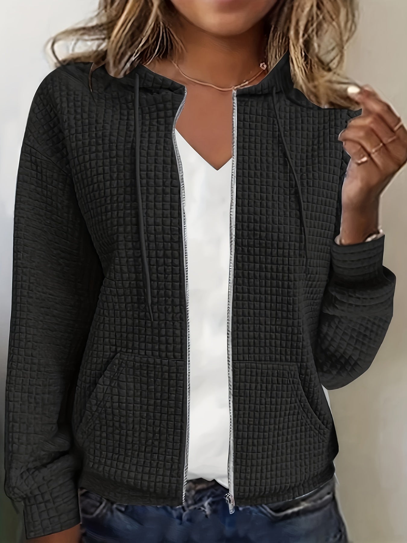  Waffle Pattern Zip Up Hoodie Coat With Pockets