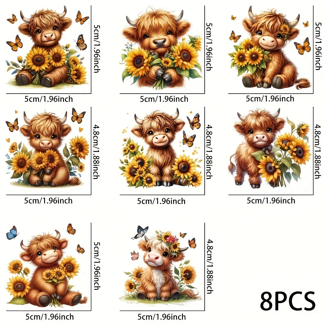 8pcs Highland Cow & Sunflower Vinyl Stickers Waterproof UV Scratch Pro