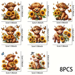 8pcs Highland Cow & Sunflower Vinyl Stickers Waterproof UV Scratch Pro