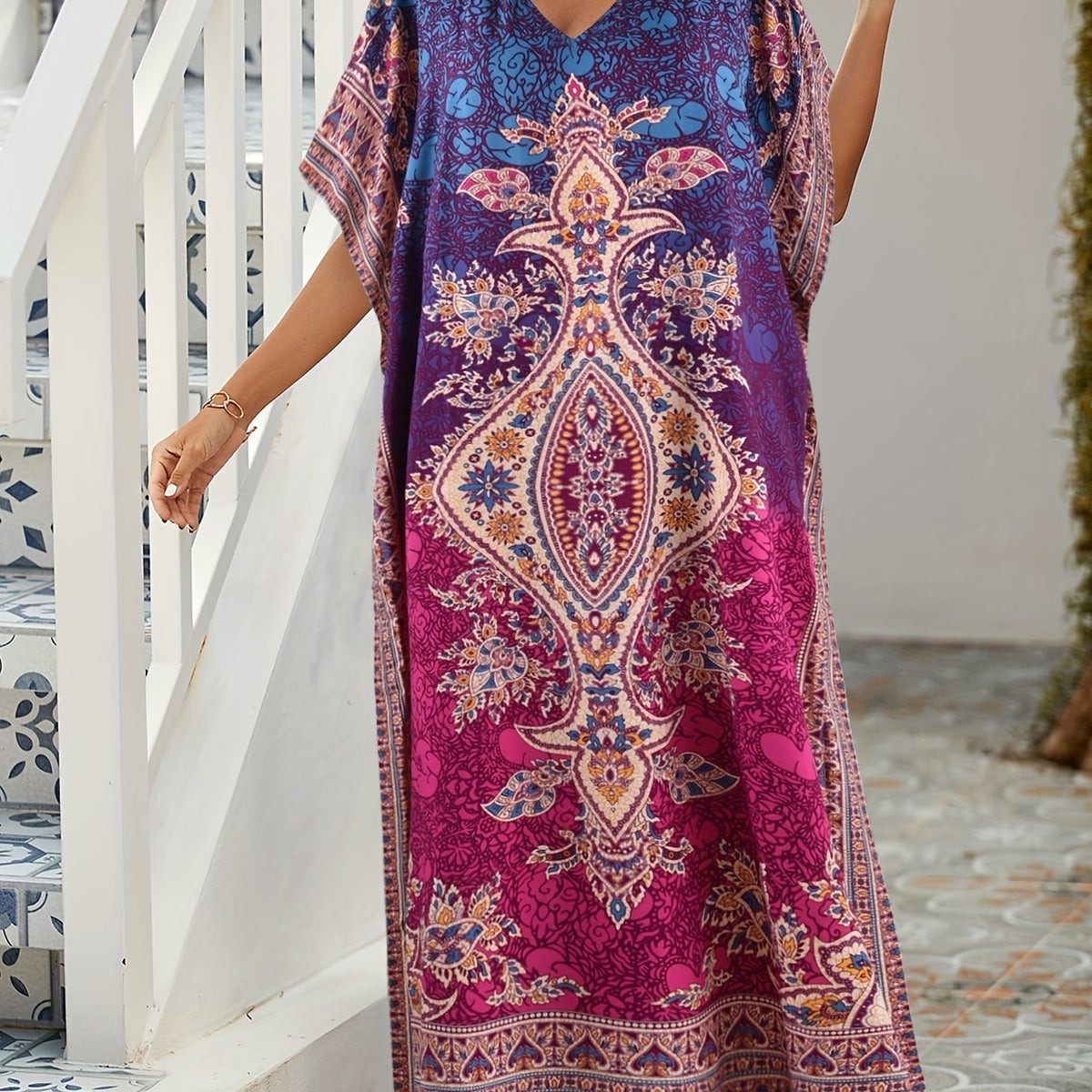  Boho Kaftan Dress Women's Tribal Print V Neck Maxi Beachwear
