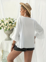  Casual Blouse Women's Plus Solid Contrast Lace Bell Sleeve V Neck Top
