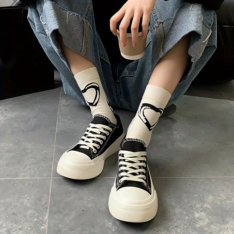 4 Pairs Heart & Cross Print Mid Tube Socks Women's Stockings