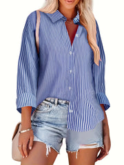  Nautical Stripe Print Button Up Long Sleeve Blouse