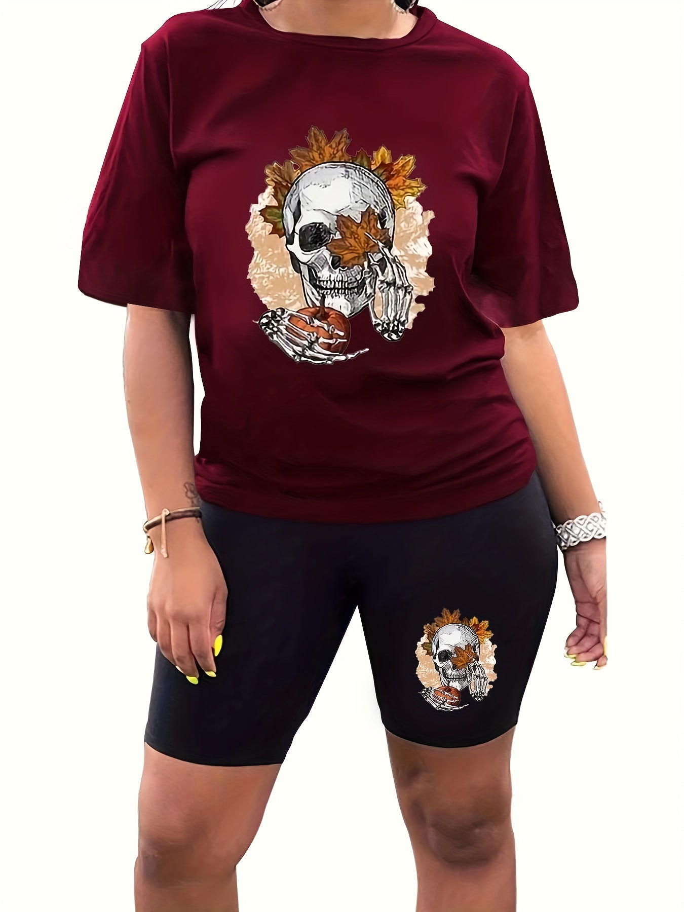  Halloween Skull & Maple Leaf & Pumpkin Print Top & Biker Shorts Set