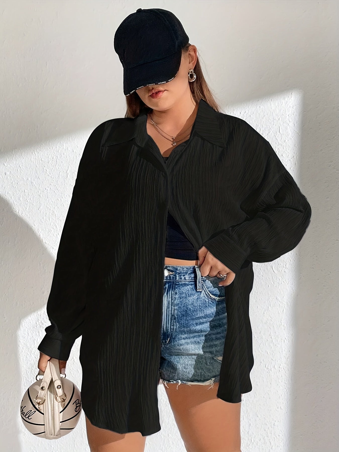  Solid Crinkle Button Up Long Sleeve Blouse
