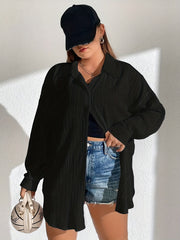  Solid Crinkle Button Up Long Sleeve Blouse