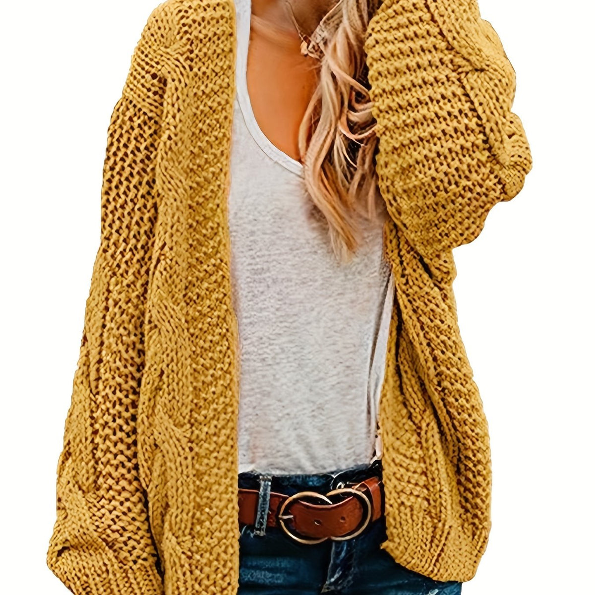 Women's Plus Size Solid Long Sleeve Open Front Knitted Cable Knit Cardigan