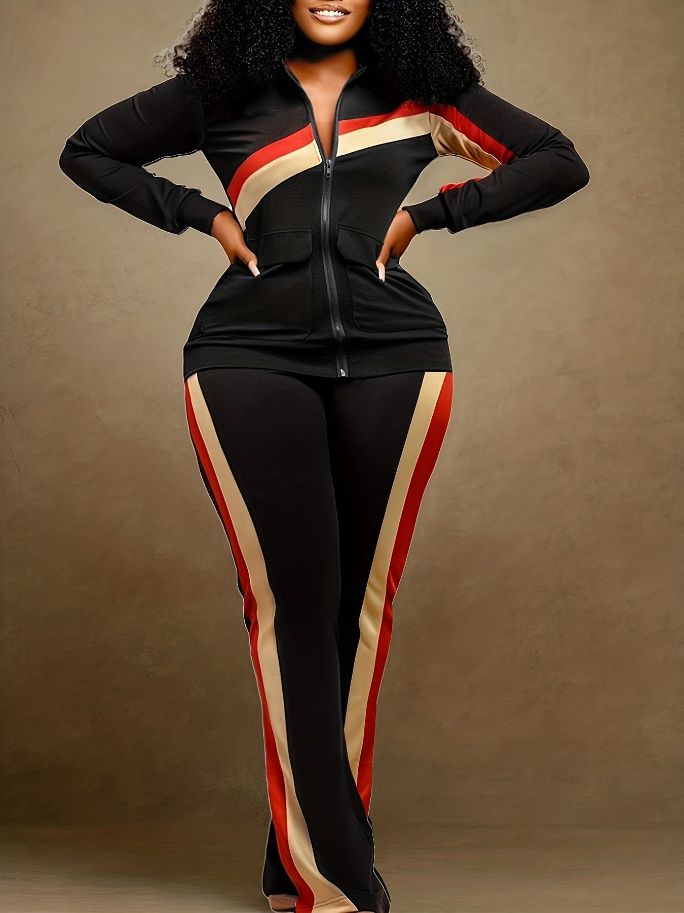  Striped Print Jacket & Pants Set Women's Plus Casual 2pcs Set