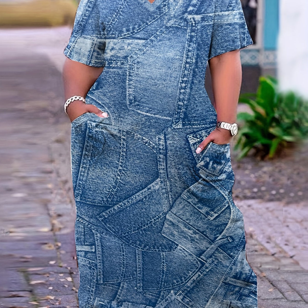  Casual Denim Print Short Sleeve V Neck Dress With Pockets