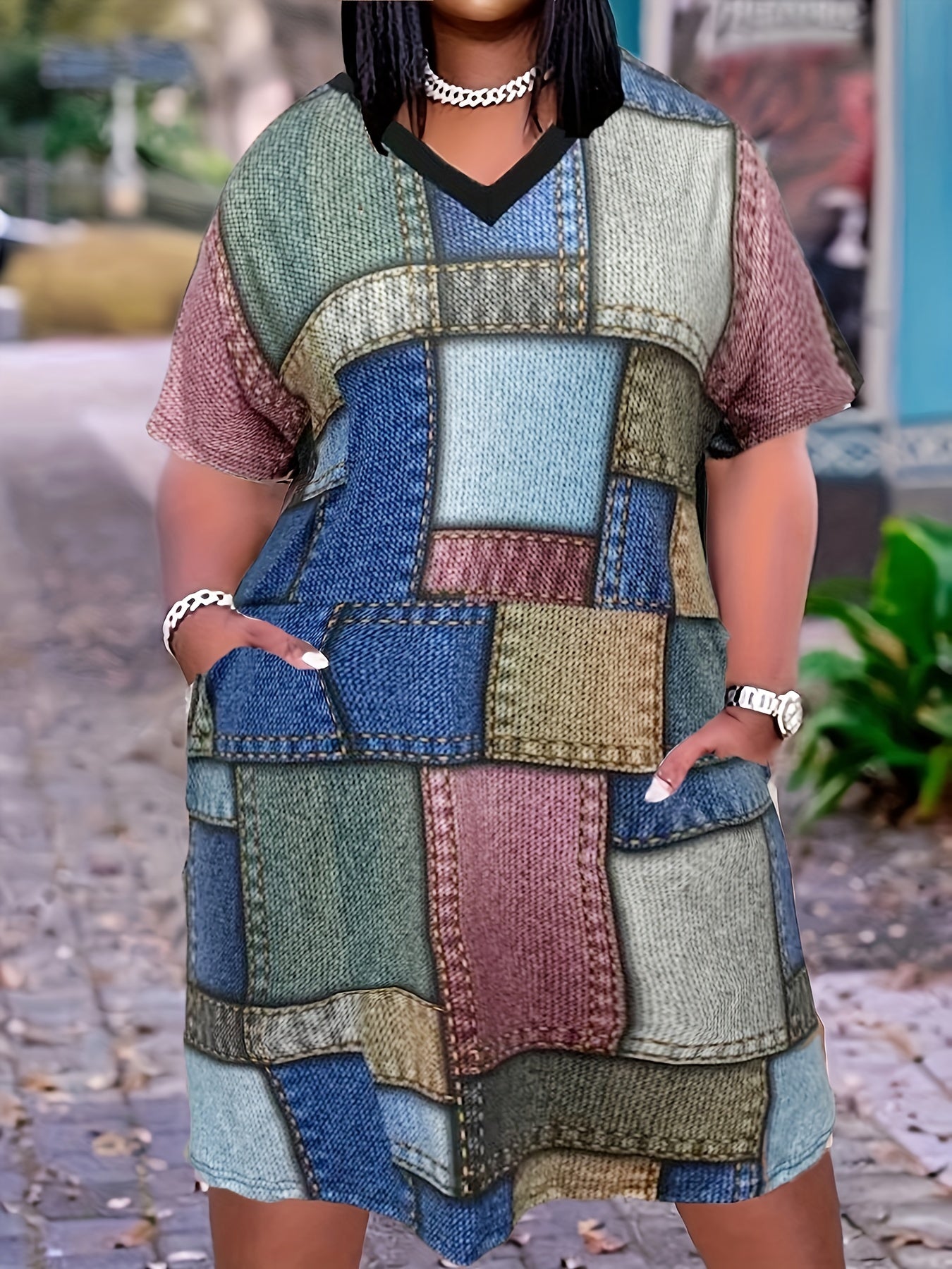  Colorblock Denim Print Short Sleeve V Neck Dress