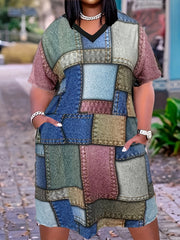  Colorblock Denim Print Short Sleeve V Neck Dress