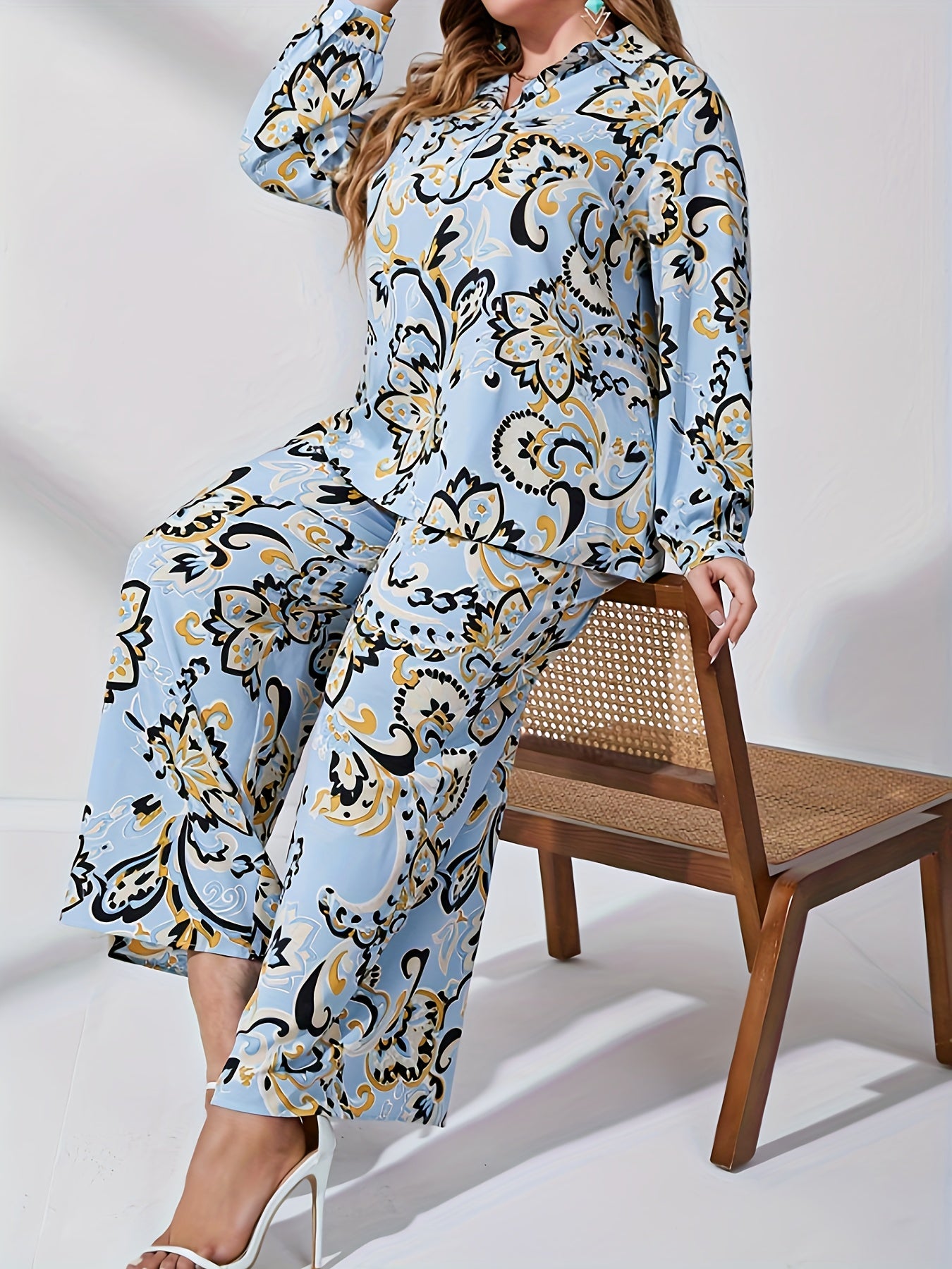  Floral Print Lantern Sleeve Blouse & Wide Leg Pants Set