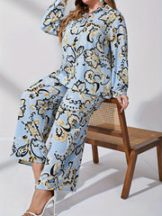  Floral Print Lantern Sleeve Blouse & Wide Leg Pants Set