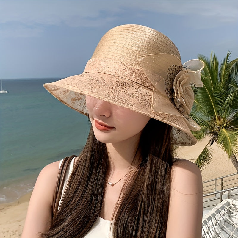 Embroidered Sun Hat Floral Decor Derby Hat Mesh Flower Bucket Hat