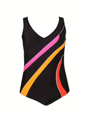  Stripe Print V Neck One Piece Swimsuit