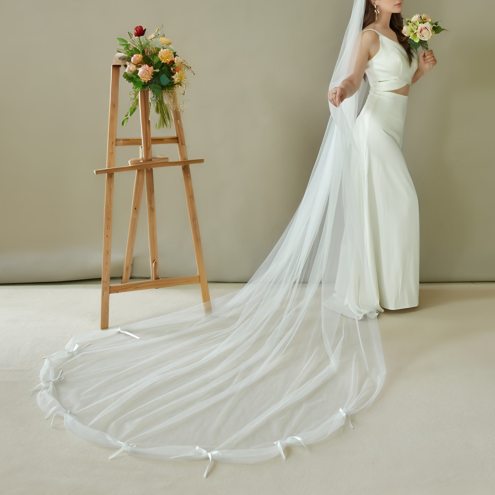 Cathedral Train Bridal Veil with Bow Long Train Wedding Headpiece