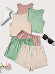 Solid Pajama Set Crew Neck Tank Top & Shorts Women's Sleepwear