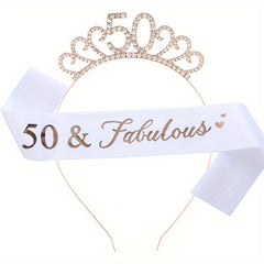 Rhinestone Headband Birthday Party Tiara With Silky Belt Head Jewelry