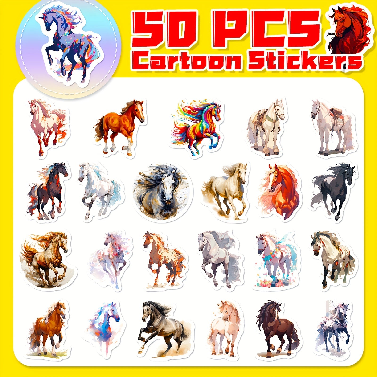 50pcs Cartoon Horse Vinyl Stickers for Laptop Water Bottle
