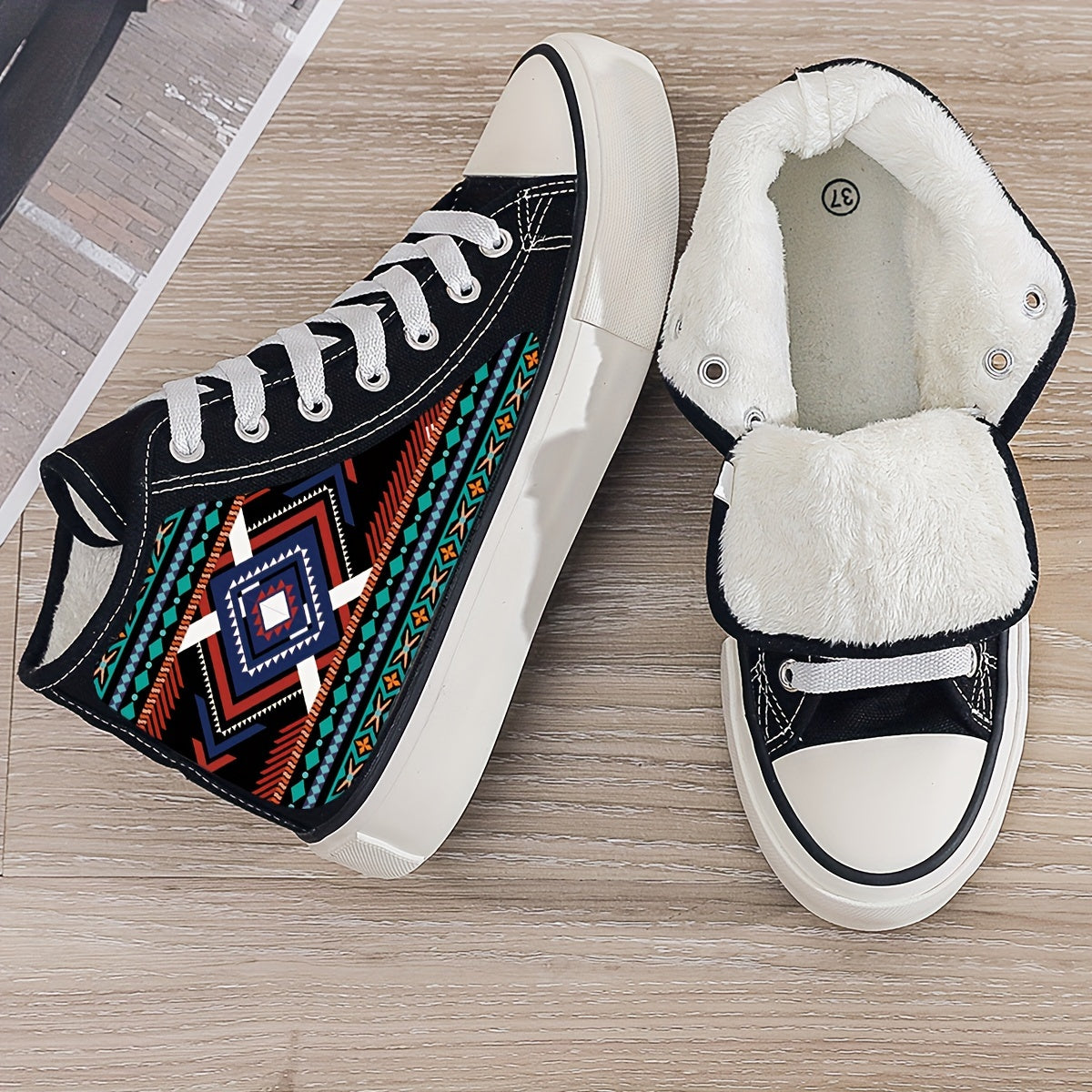 Ethnic Print Plush Lined Chunky Canvas Sneakers
