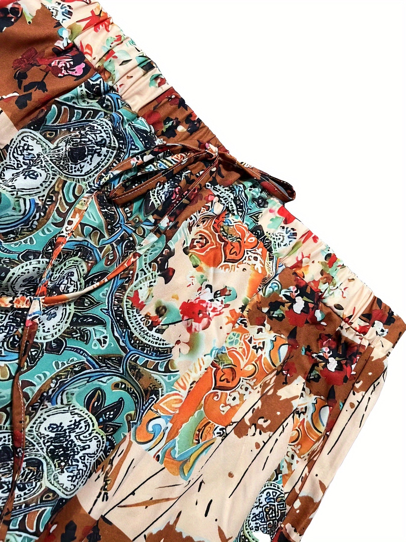  Boho Pants Women's Paisley Floral Print Wide Leg Trousers