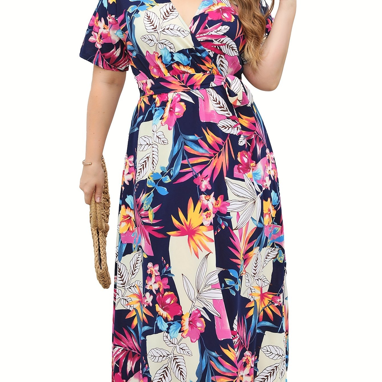  Leaf Print Short Sleeve Dress