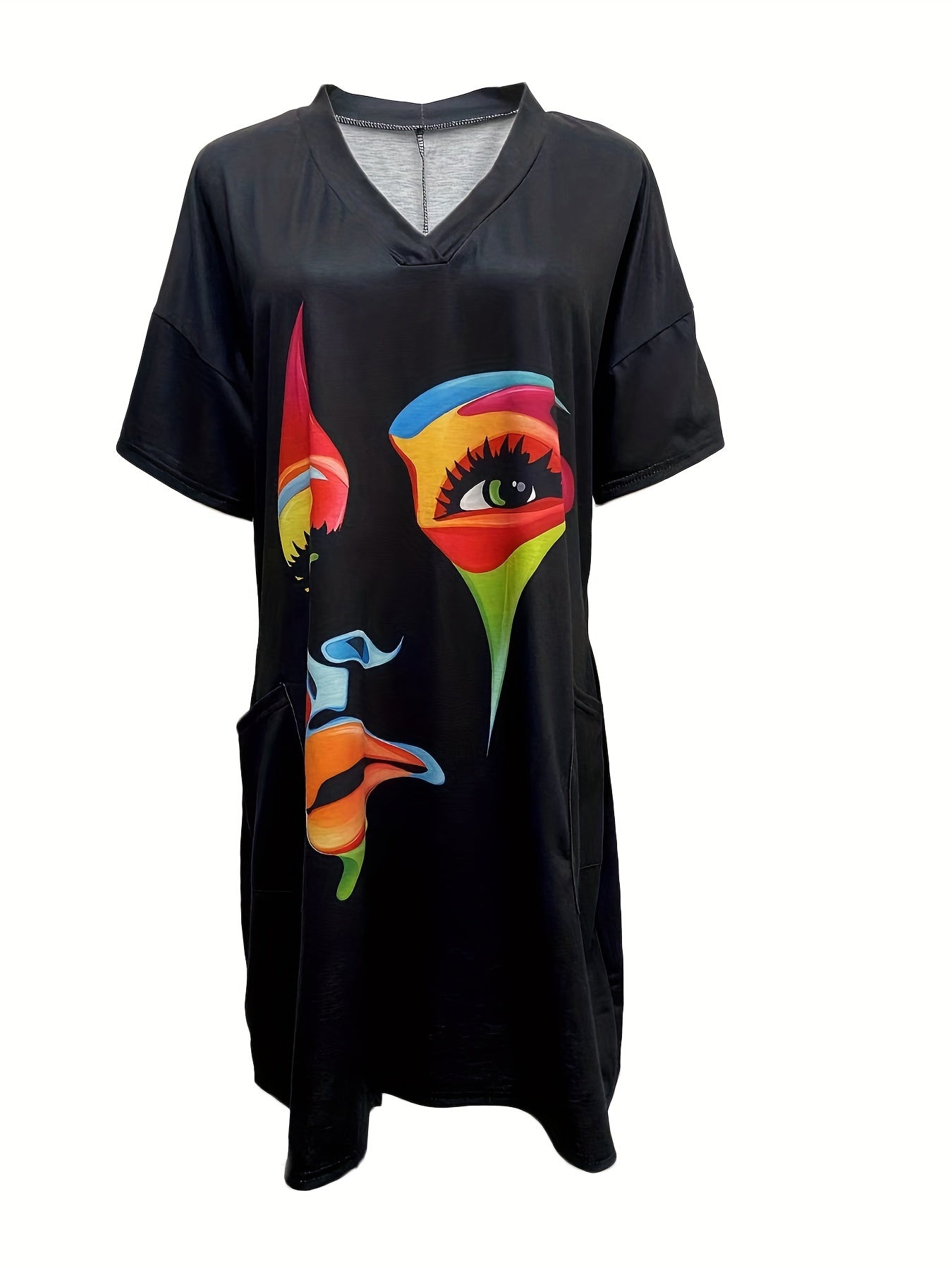  Abstract Print Short Sleeve V Neck Dress With Pockets