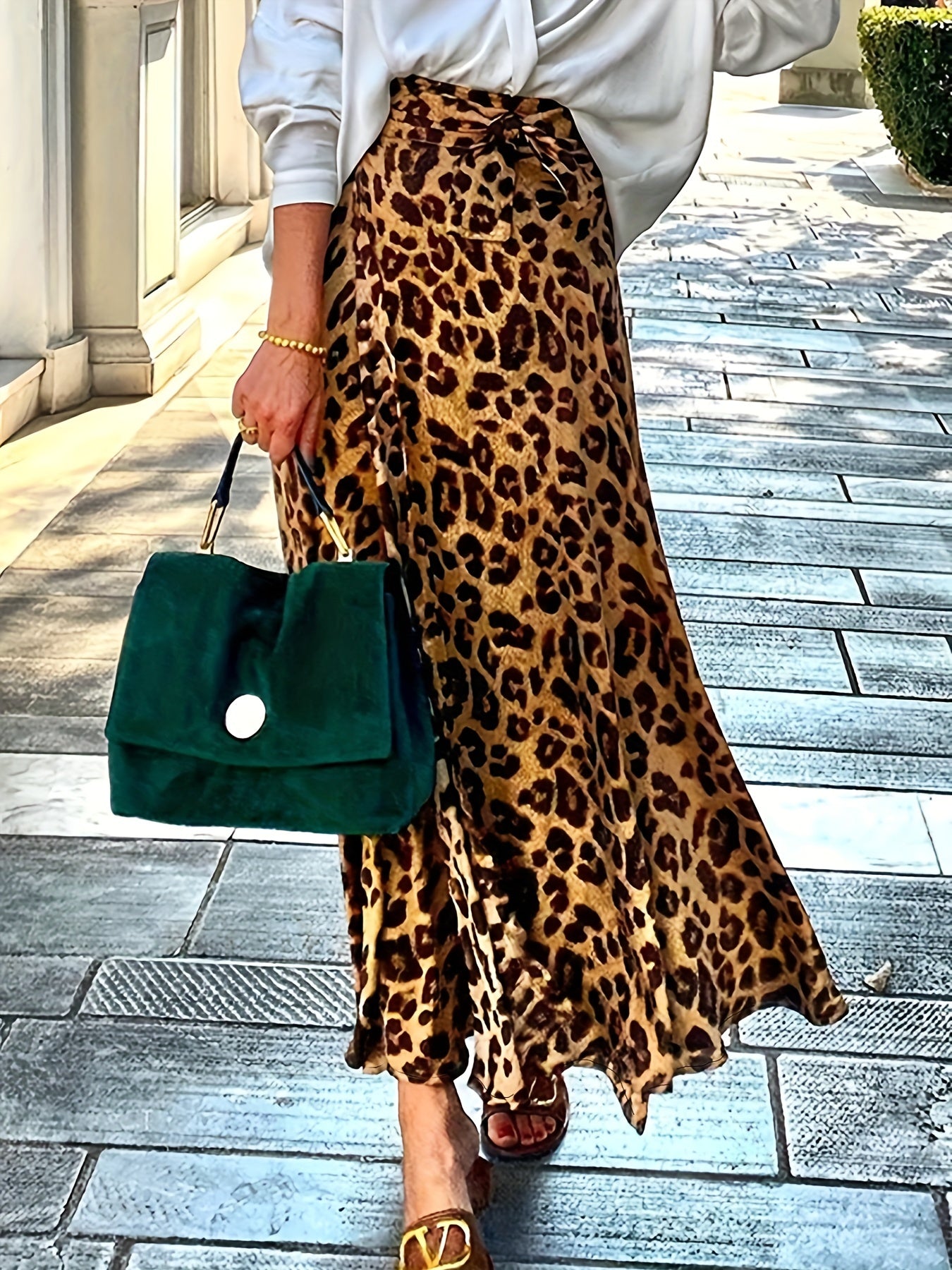  Women's Leopard Print Maxi Skirt with Belt