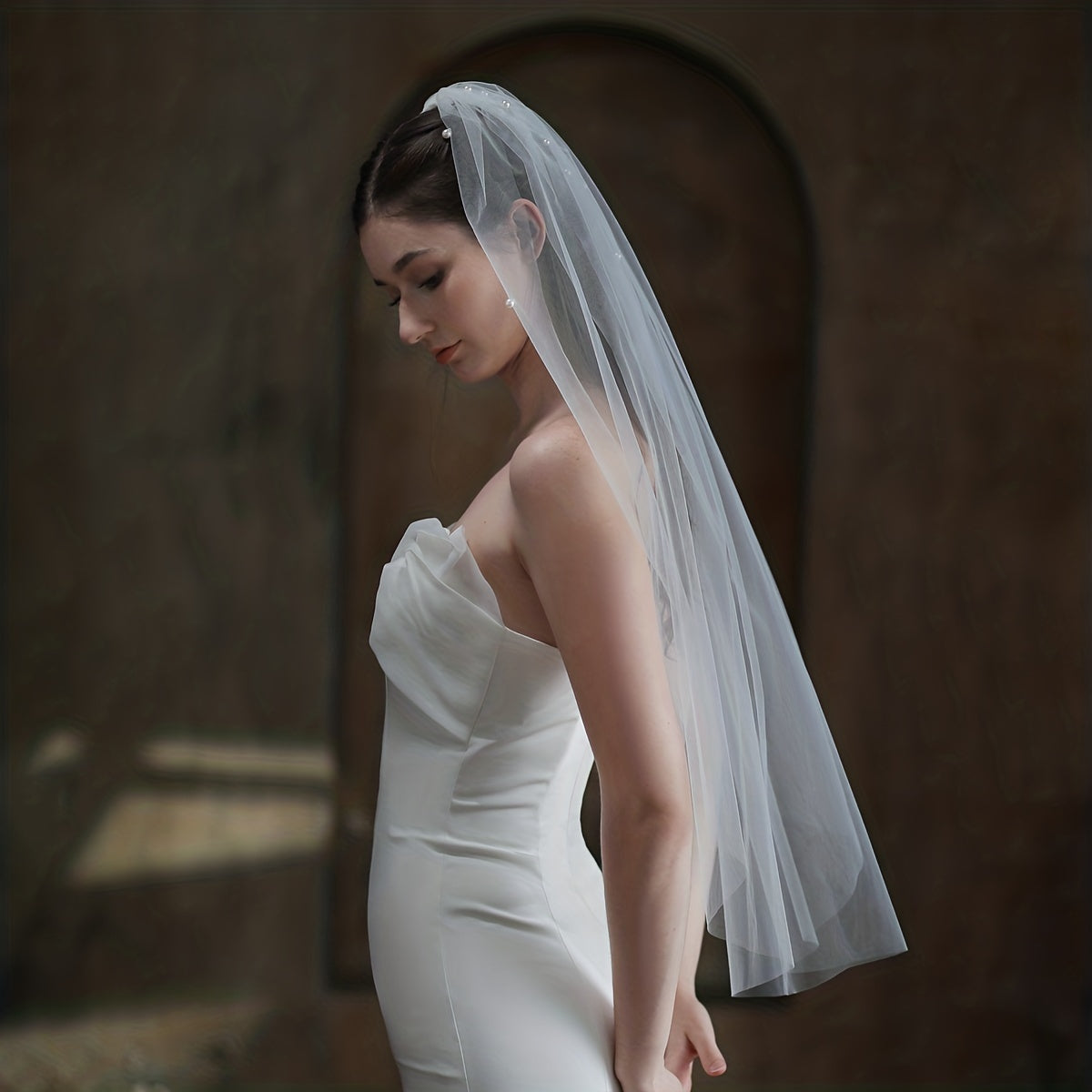 Pearl Inlaid Bridal Head Veil with Comb