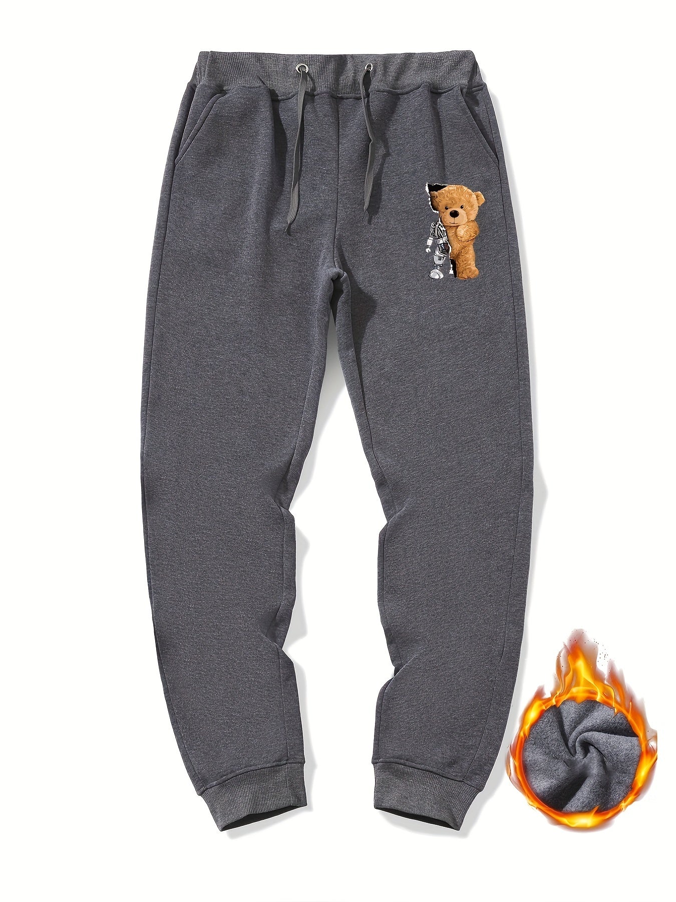 Men's Bear Print Fleece Sweatpants Drawstring Jogger Pants