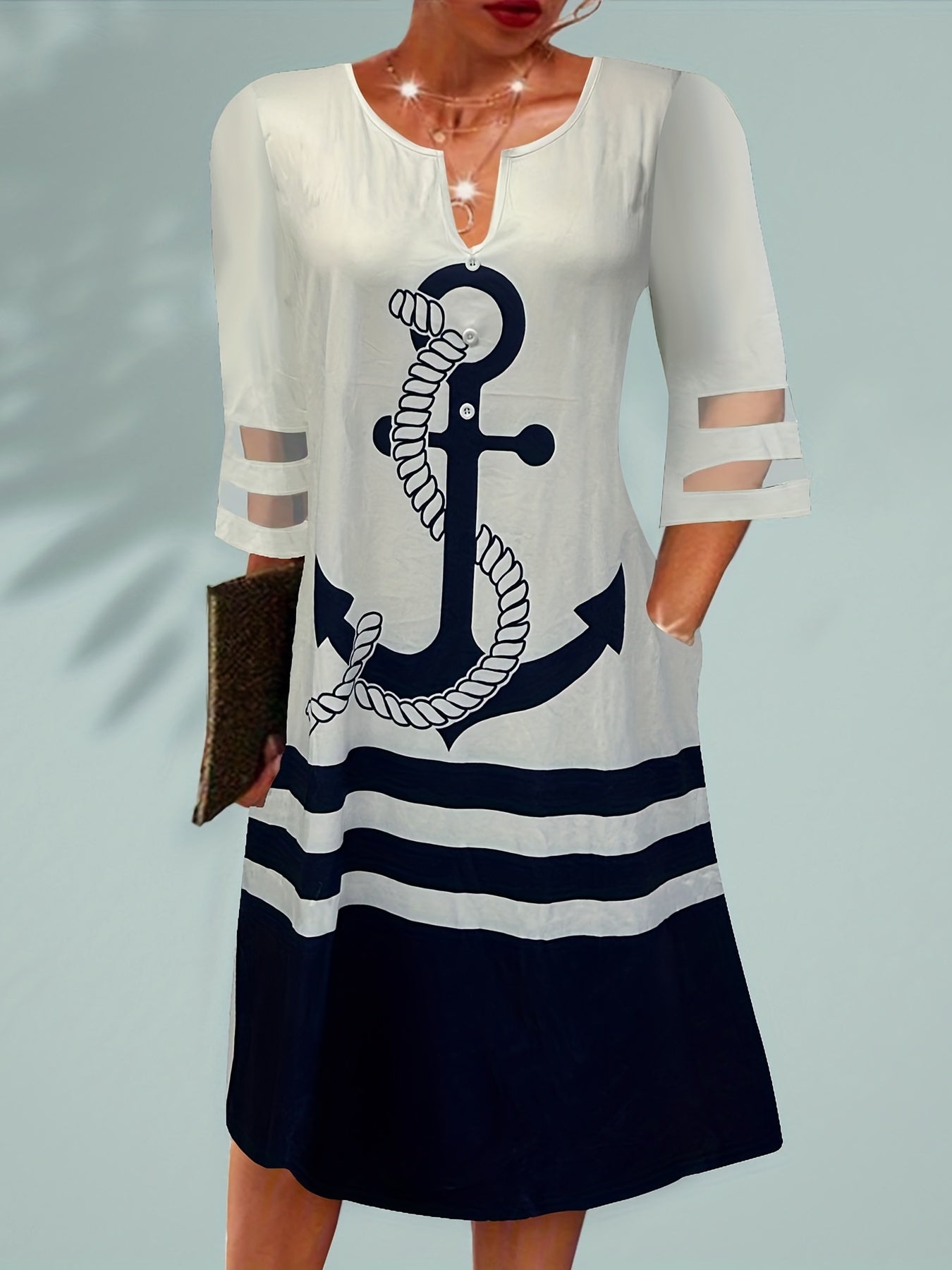  Casual Dress Colorblock Stripe & Anchor Print Mesh Sleeve Pockets