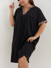  Colorblock Leopard Print V Neck Dress With Pockets