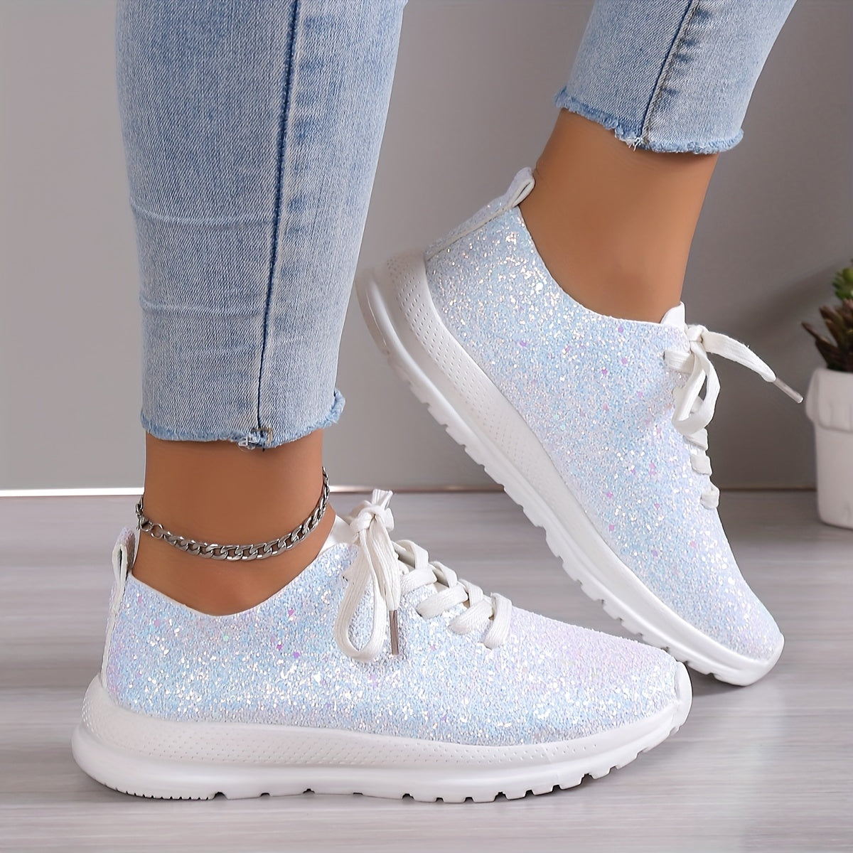 Sequins Decor Glitter Casual Walking Shoes Lightweight Lace Up Running Shoes
