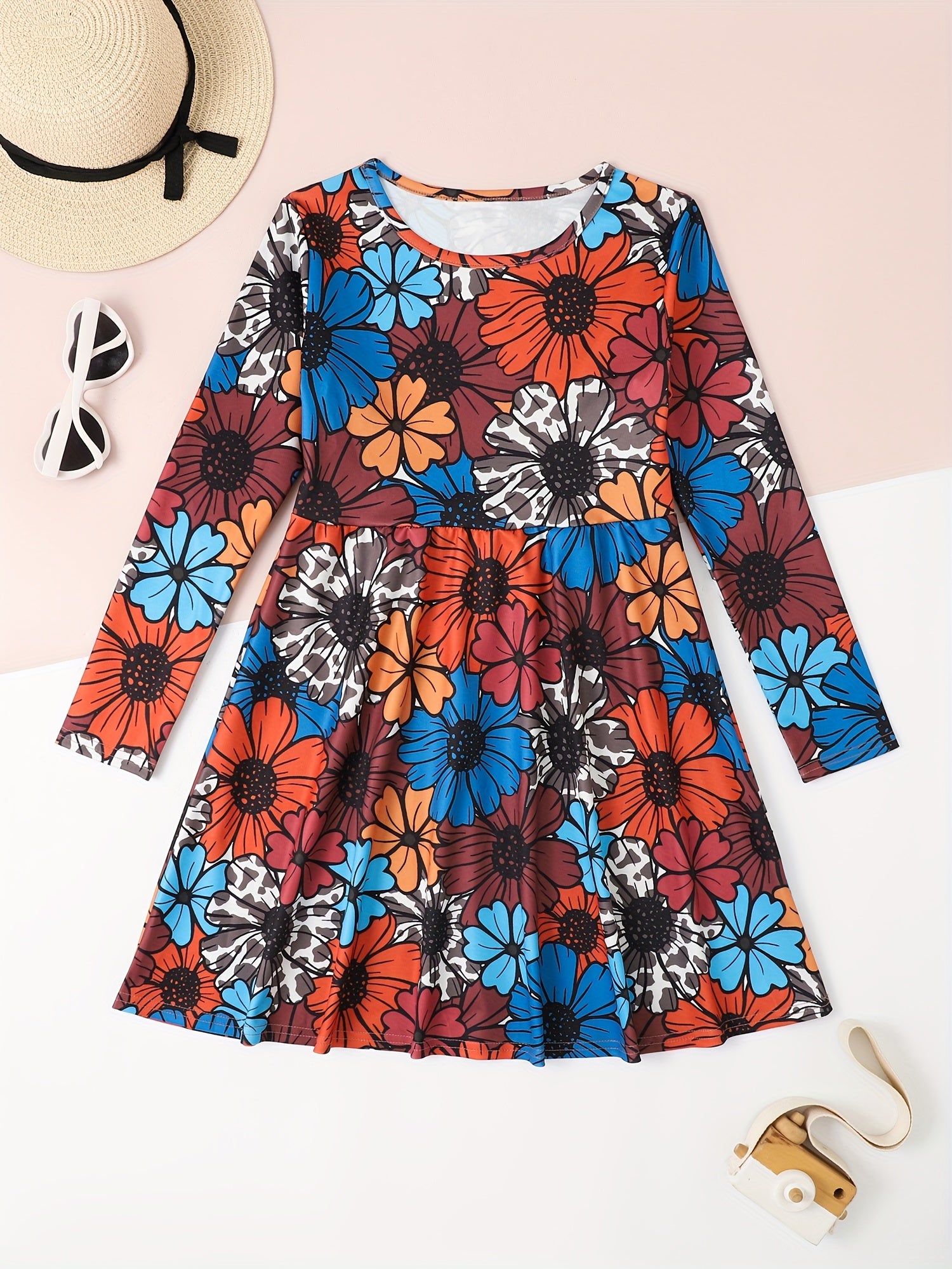 Girls Casual Autumn Flower Print Crew Neck Long Sleeve Dress