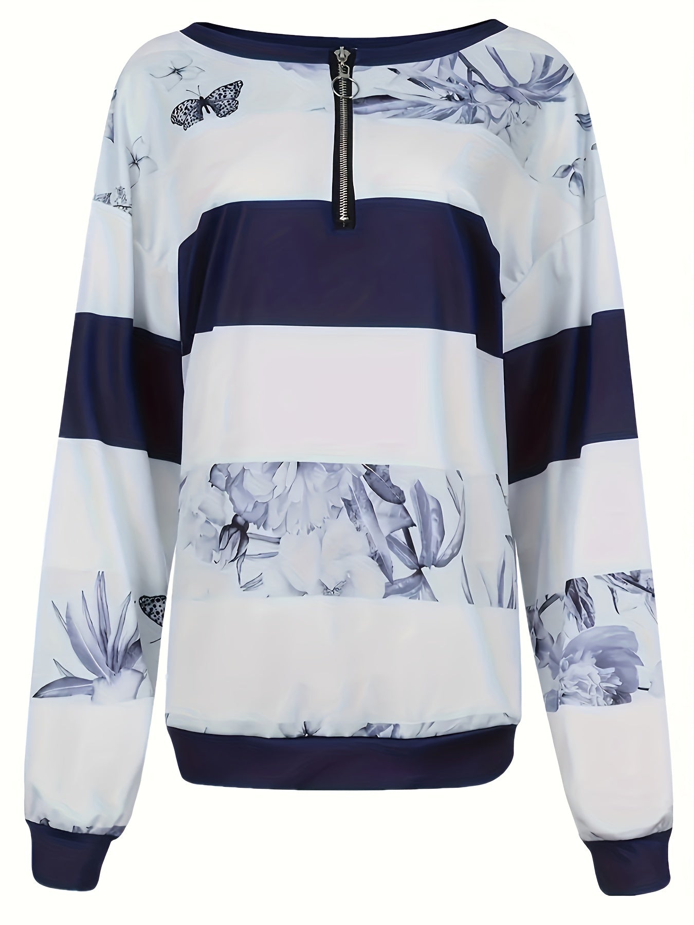 Floral Striped Zipper Sweatshirt for Fall & Winter