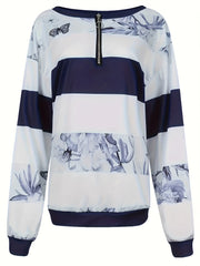Floral Striped Zipper Sweatshirt for Fall & Winter