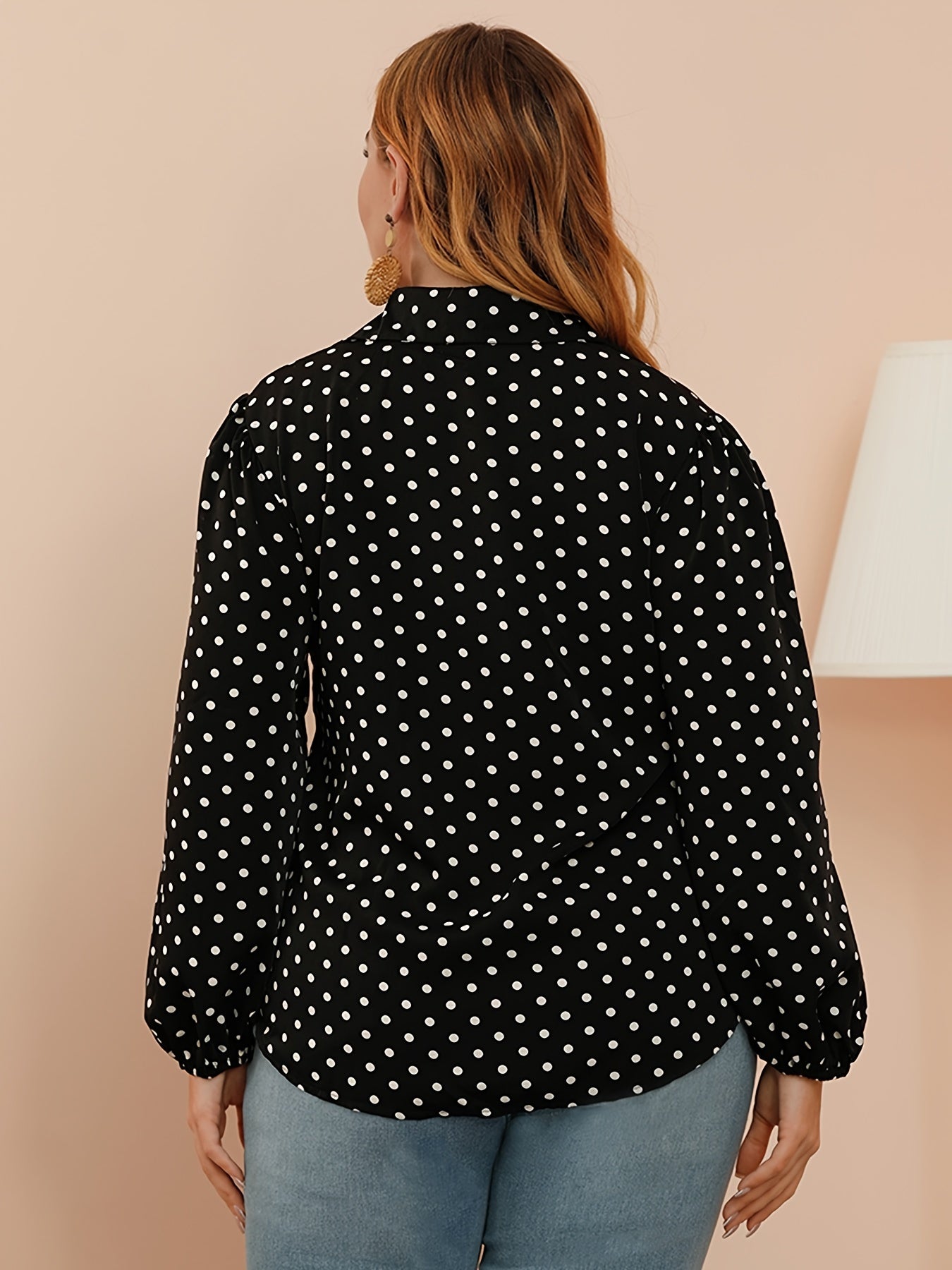  Polka Dot Print Lantern Sleeve Shirt