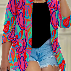  Casual Blazer Women's Plus Contrast Print Open Front Slim Fit Blazer