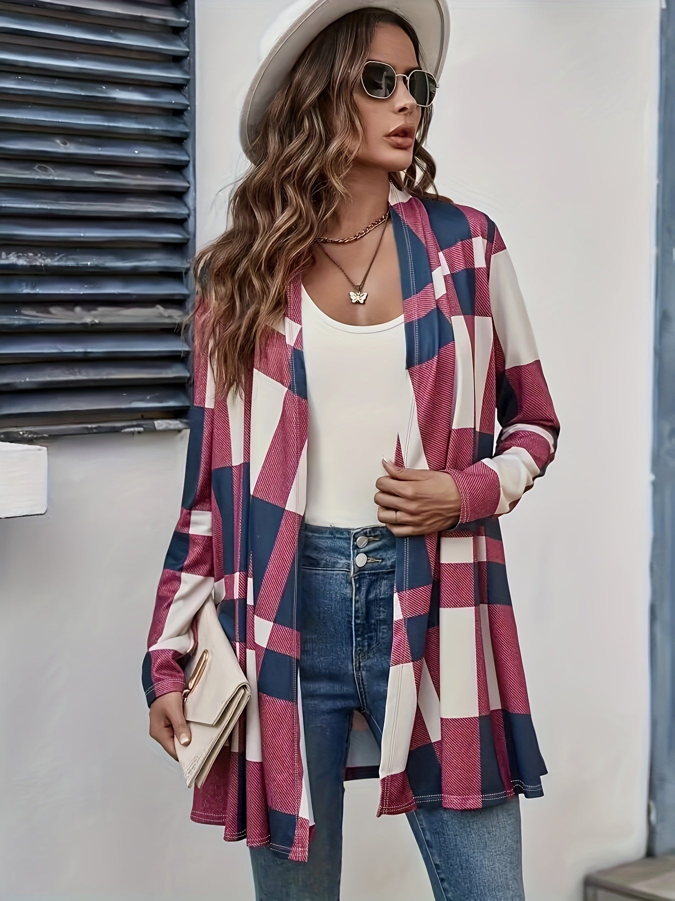  Colorblock Plaid Print Open Front Cardigan