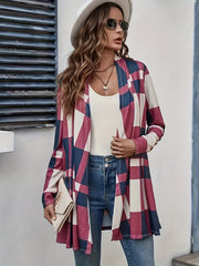  Colorblock Plaid Print Open Front Cardigan