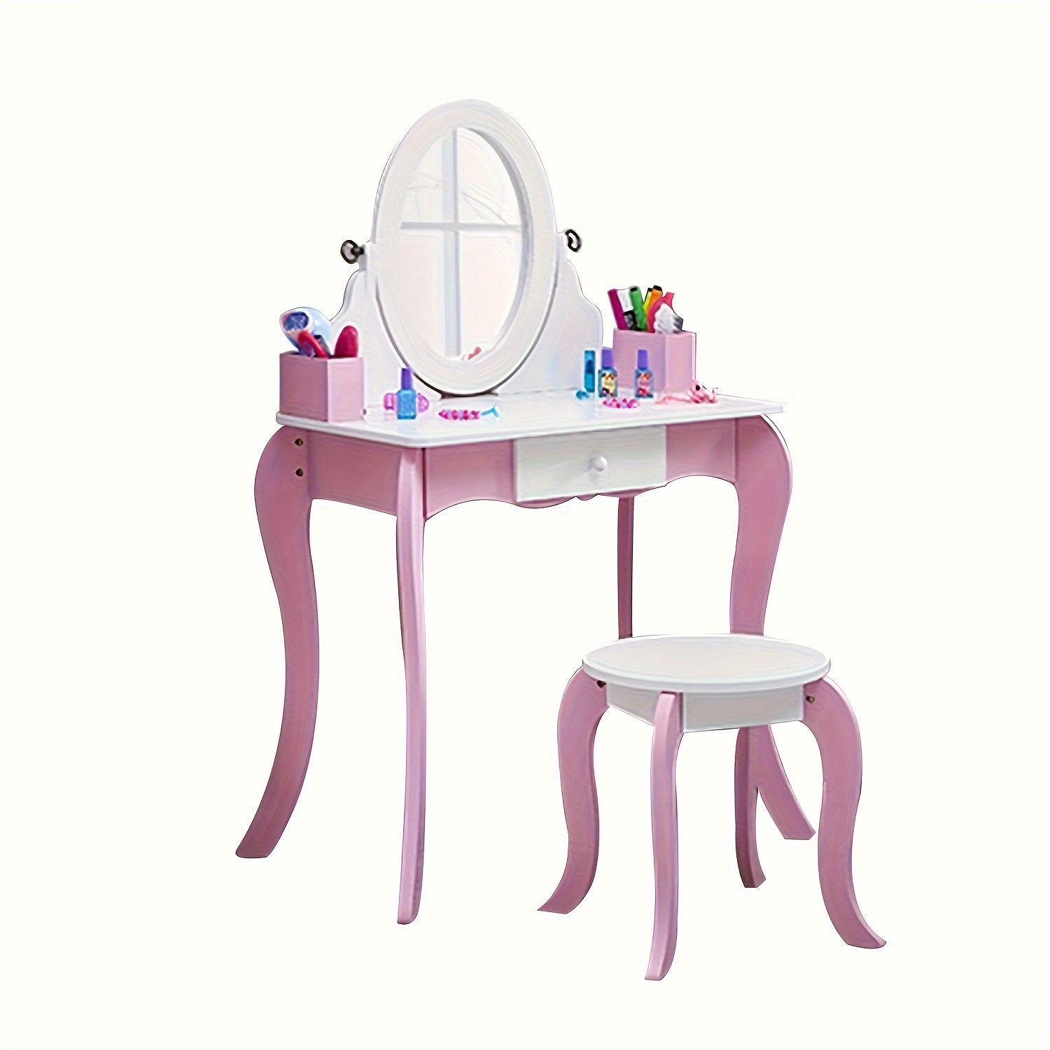 Girls Vanity Set with Mirror and Stool 2 in 1 Top Rotatable Mirror
