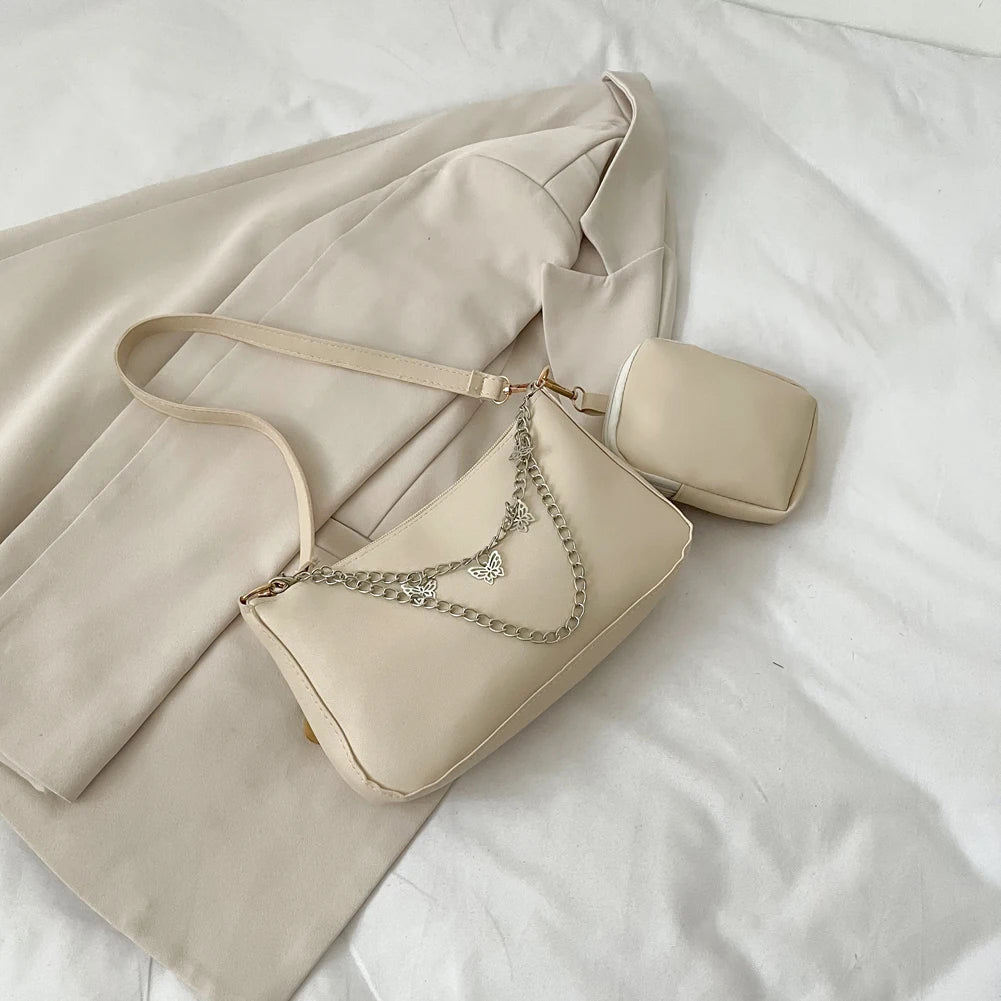 2Pcs Women Butterfly Chain Shoulder Bags Casual Underarm Bag Ladies Handbags