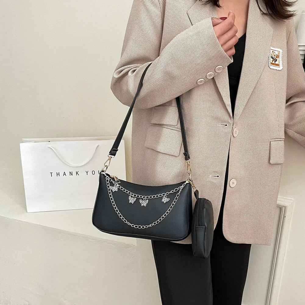 2Pcs Women Butterfly Chain Shoulder Bags Casual Underarm Bag Ladies Handbags