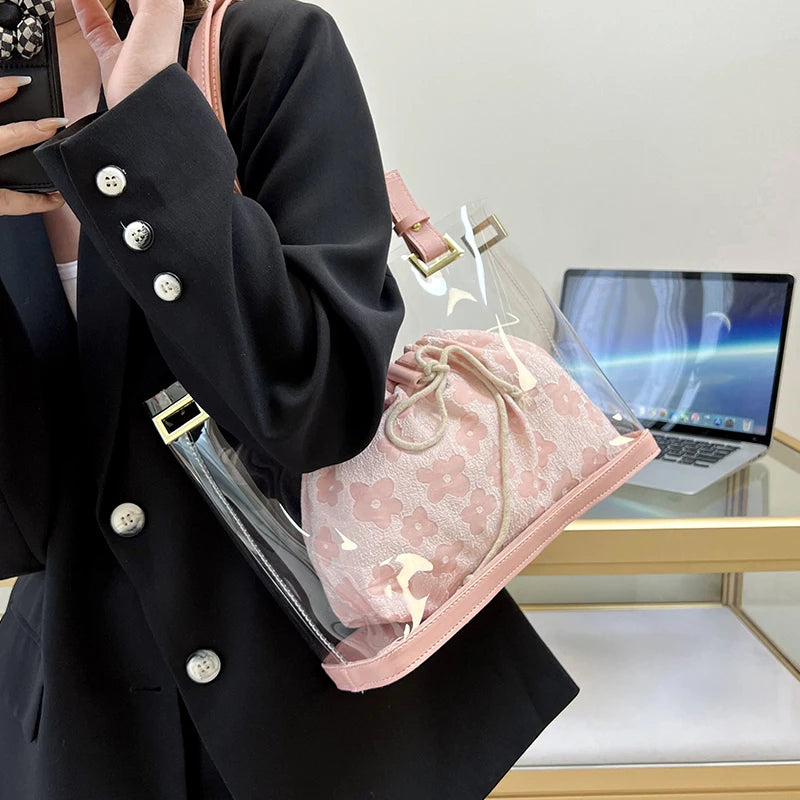 2Pcs Transparent Bucket Bag Flower Shoulder Bag Summer Beach Crossbody Bags