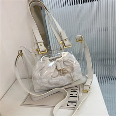 2Pcs Transparent Bucket Bag Flower Shoulder Bag Summer Beach Crossbody Bags