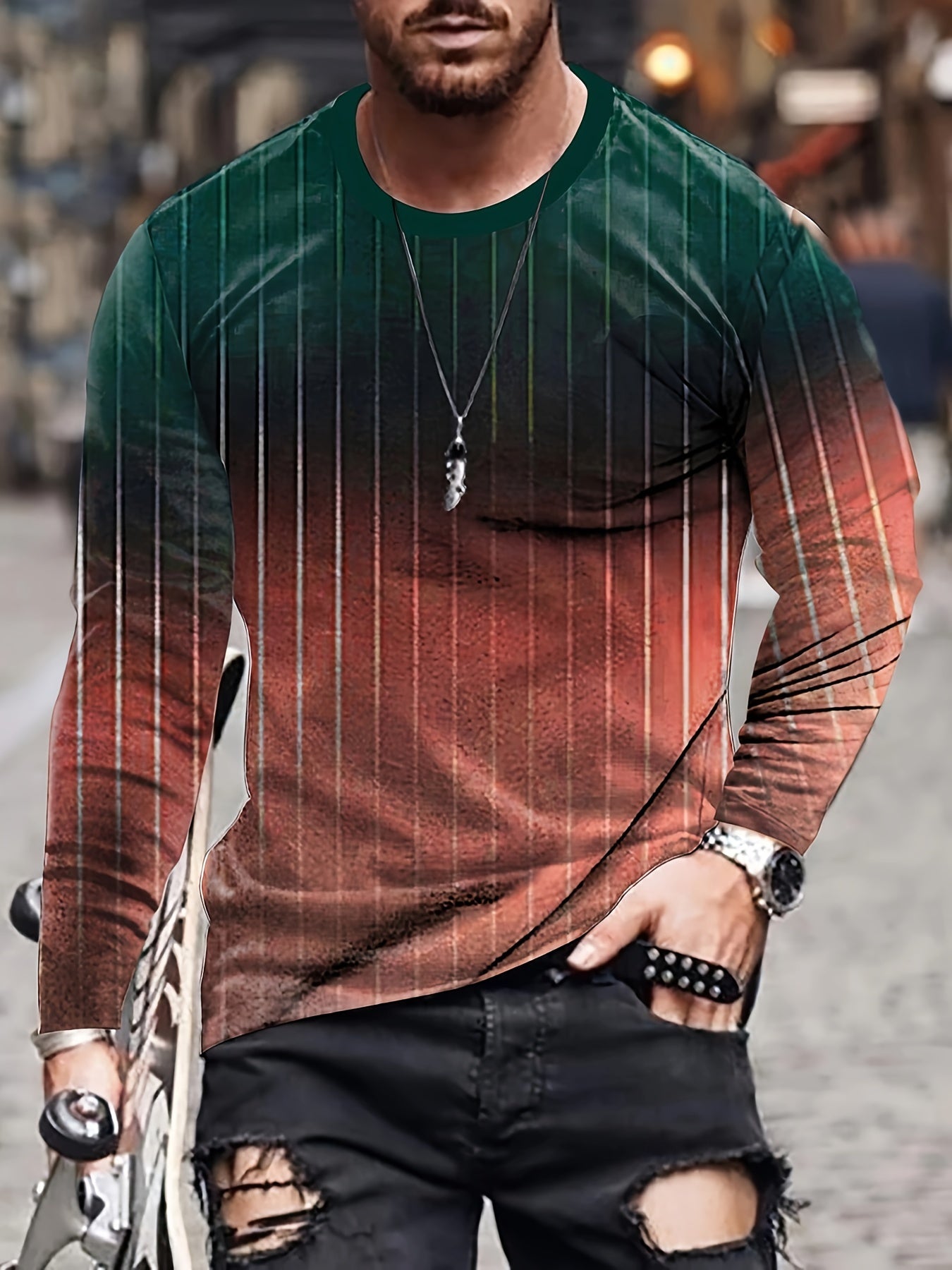 Gradient Men's Stripe Long Sleeve Novelty T shirt for Autumn